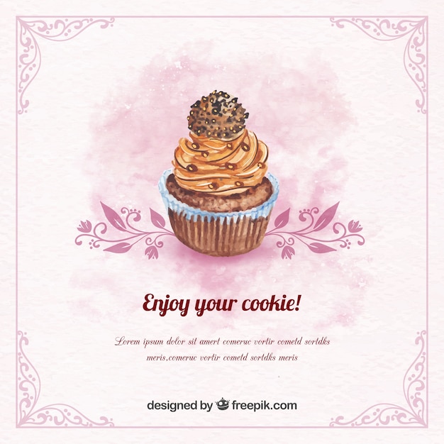 Vintage watercolor background with chocolate cupcake