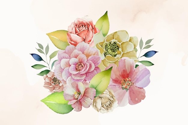 Vintage watercolor flower and leaves bouquet set on watercolor background vector