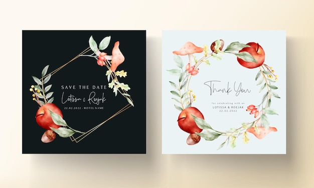Винтажная акварель рисованной ботаническое яблоко и цветочная пригласительная открытка