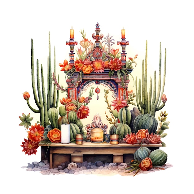 Vintage watercolor illustration with mexican altar Day of the dead