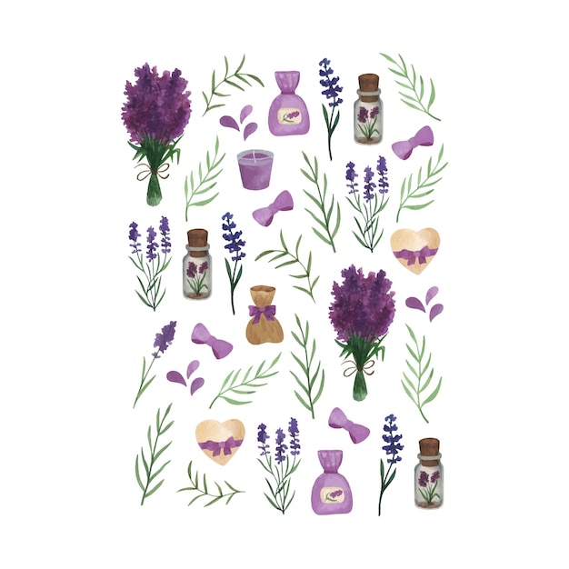 Vintage watercolor lavender print romantic Provence bouquet collection