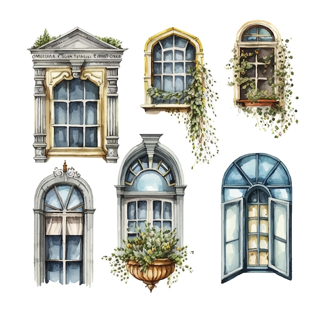 ヴィンテージの水彩画の古いヨーロッパのバルコニーの窓は、さまざまな形のサイズのさまざまな窓を設定します