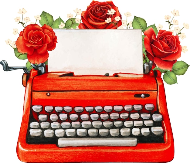 Vector vintage watercolor red typewriter and roses