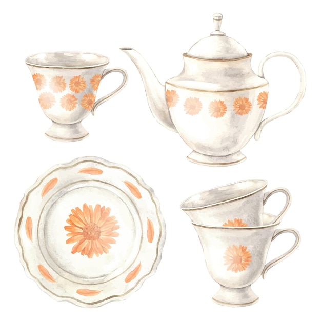 Vintage watercolor tableware set with calendula flower pattern The illustration is hand drawn