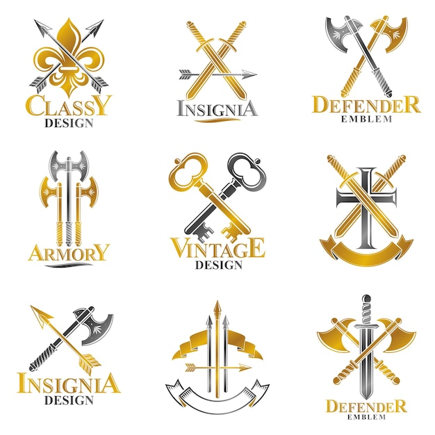 Vintage Weapon Emblems set. Heraldic Coat of Arms decorative emblems isolated vector illustrations collection.