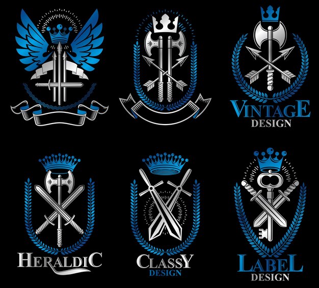 Vector vintage weapon emblems set. heraldic coat of arms, vintage vector emblems collection.