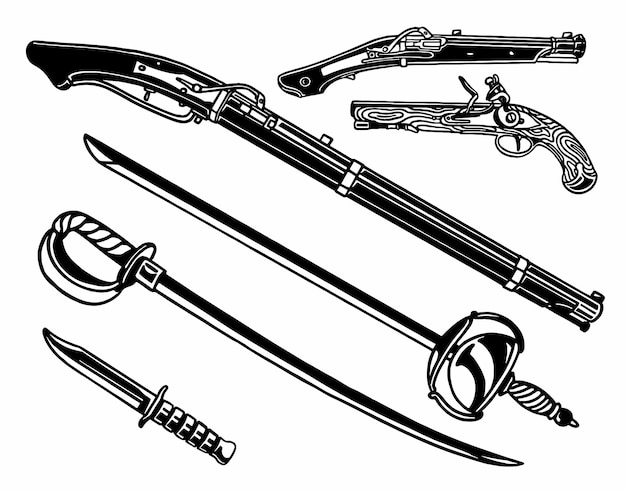 Vector vintage weapons isolated vector illustration, guns and swords