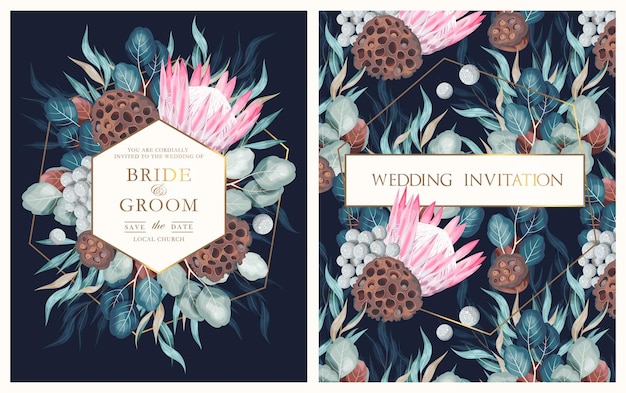 Vintage wedding card with flowers and greenery