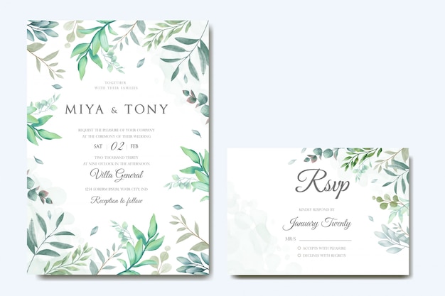 Vector vintage wedding invitation card & reservation card with leaves bundle