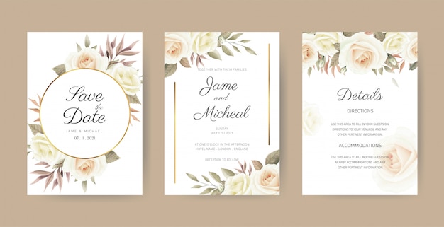 Vector vintage wedding invitation card set. elegant flower bouquet. a white rose painted with watercolor eucalyptus leaves with a golden frame.