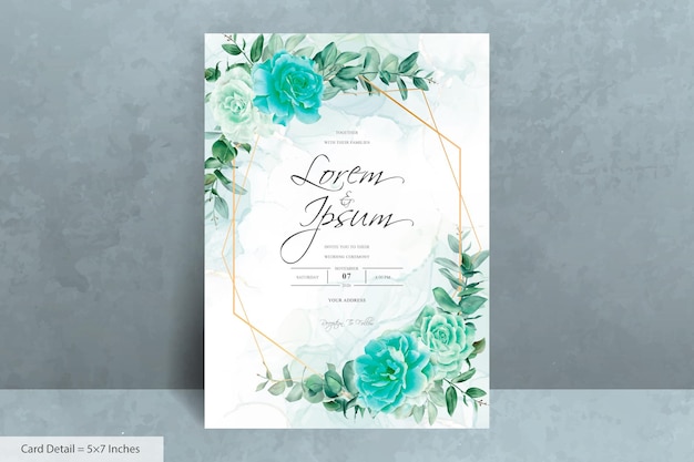 Vintage wedding invitation card template with floral and alcohol ink background