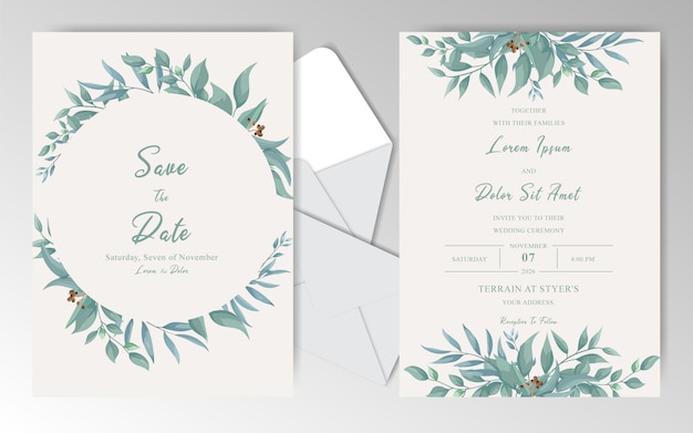 Vintage wedding invitation cards template with greenery leaves and watercolor