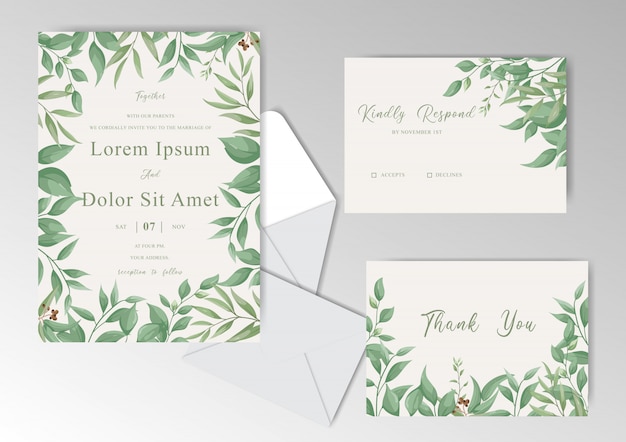 Vintage Wedding Invitation Cards Template with Greenery Leaves And Watercolor