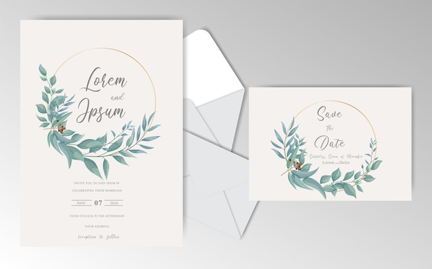 vintage wedding invitation cards template with greenery leaves and watercolor