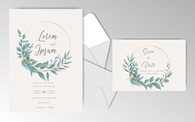 Vintage Wedding Invitation Cards Template with Greenery Leaves And Watercolor