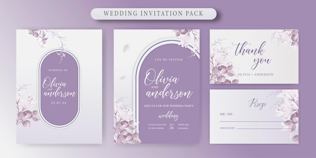 Vintage wedding invitation and RSV with purple background