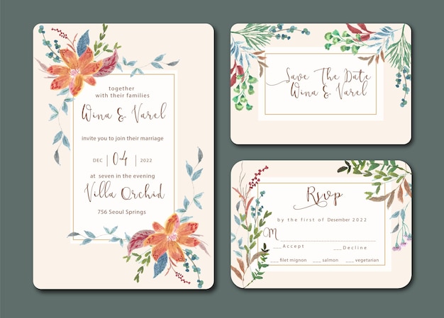 Vintage wedding invitation set with fresh floral watercolor