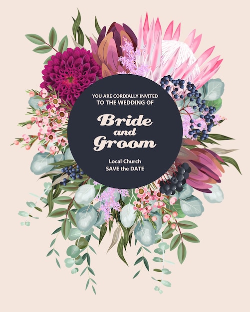 Vector vintage wedding invitation with high detailed flowers and foliage
