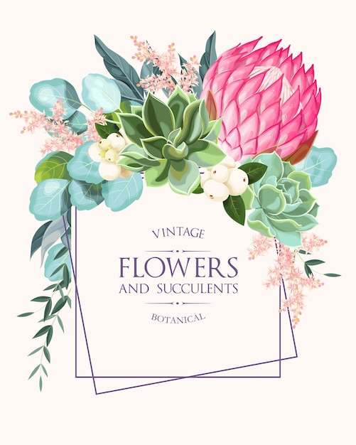 Vector vintage wedding invitation with high detailed flowers and succulents