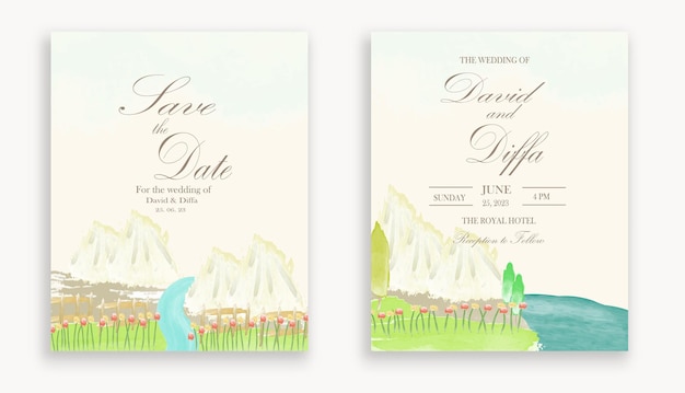 Vector vintage wedding invitation with scenery theme and watercolor elements