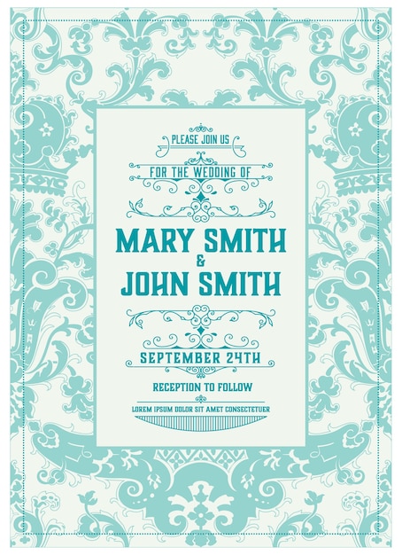 Vector vintage wedding invitation with turquoise details