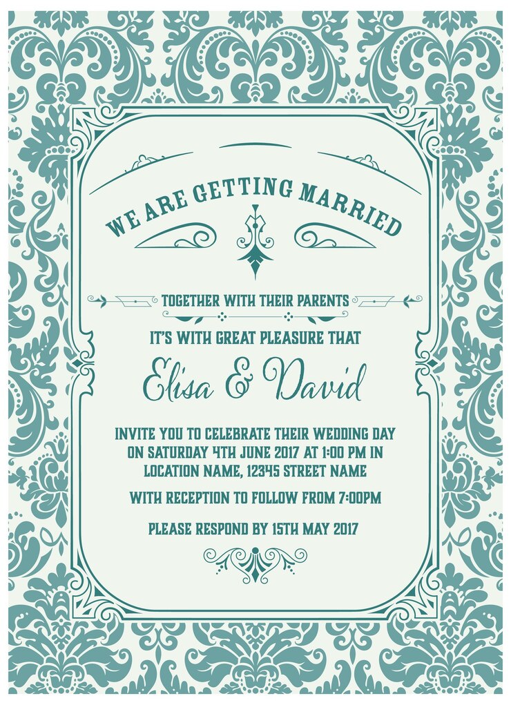 ターコイズブルーのディテールが施されたヴィンテージの結婚式の招待状