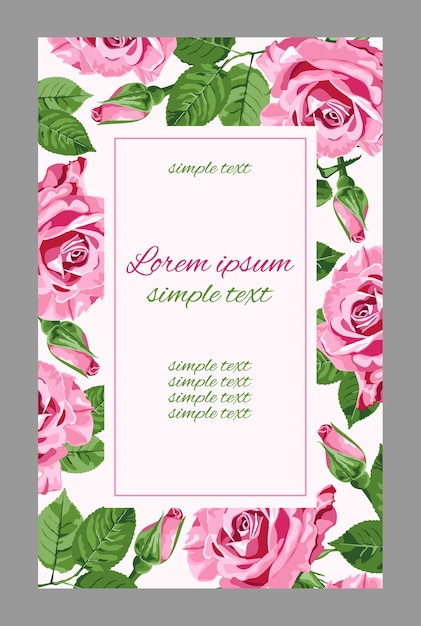 Vintage wedding invitations with pink roses and rectangular frame. floral  for greeting card