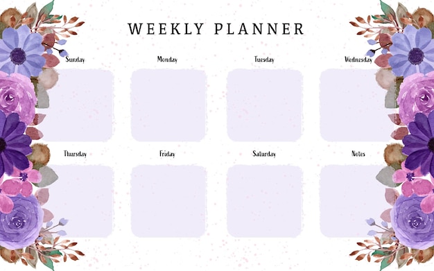 Vintage weekplanner met lente aquarel paarse bloemen achtergrond