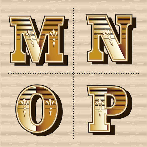 Vintage western alphabet letters font design vector illustration (m, n, o, p)