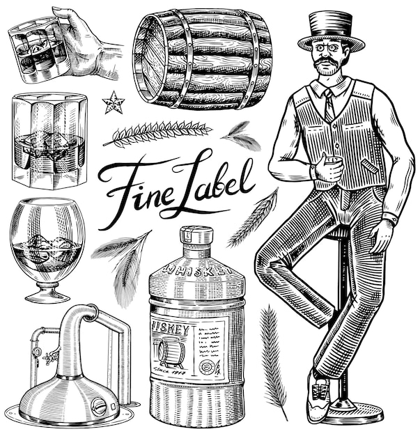 Vector vintage whiskey set houten vat whisky en bourbon tarwe en rogge glazen fles victoriaanse man proost toast sterke alcoholdrank hand getrokken gegraveerde schets voor poster badge amerikaanse symbolen