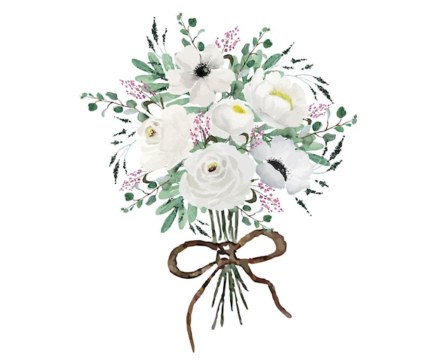 Vettore bouquet di fiori bianchi vintage con foglie verdi che dipingono acquerello