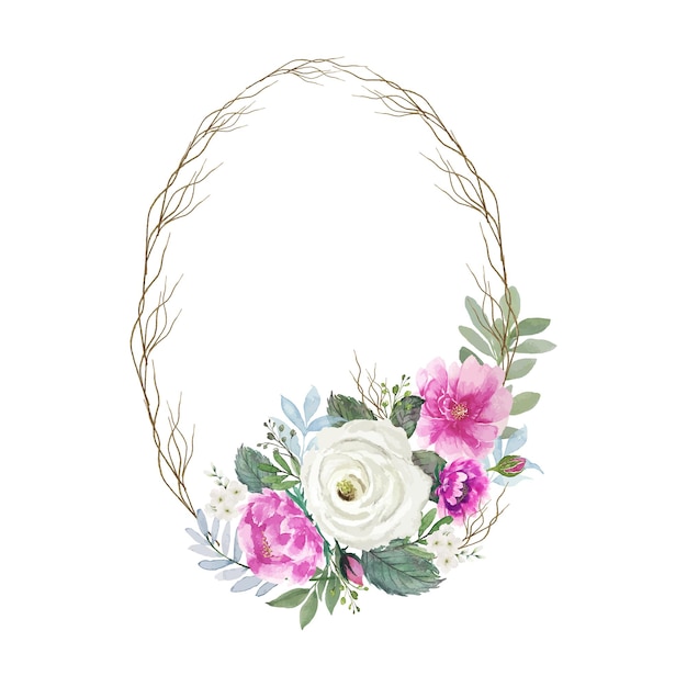 Vintage white and pink bouquet watercolor with round ellipse of small  wood branch frame