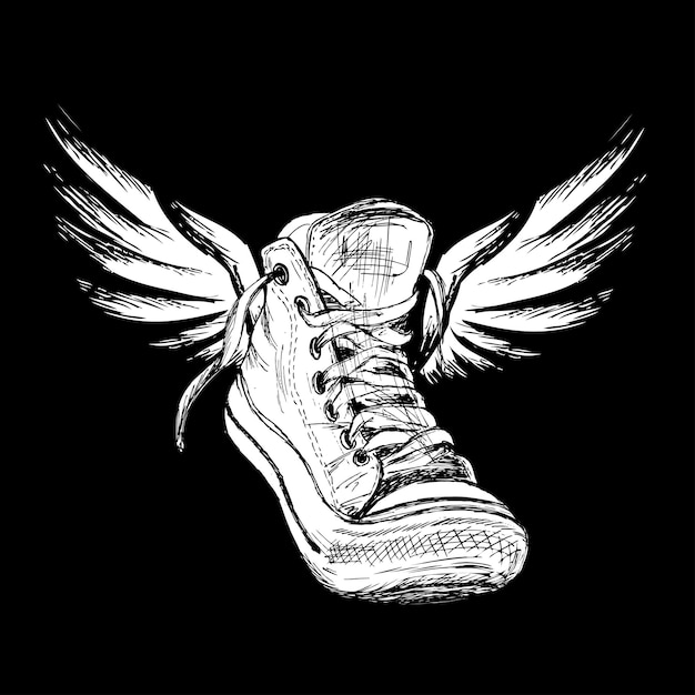 Vintage white Sneakers with wings Hand Drawn on black background vector illustration