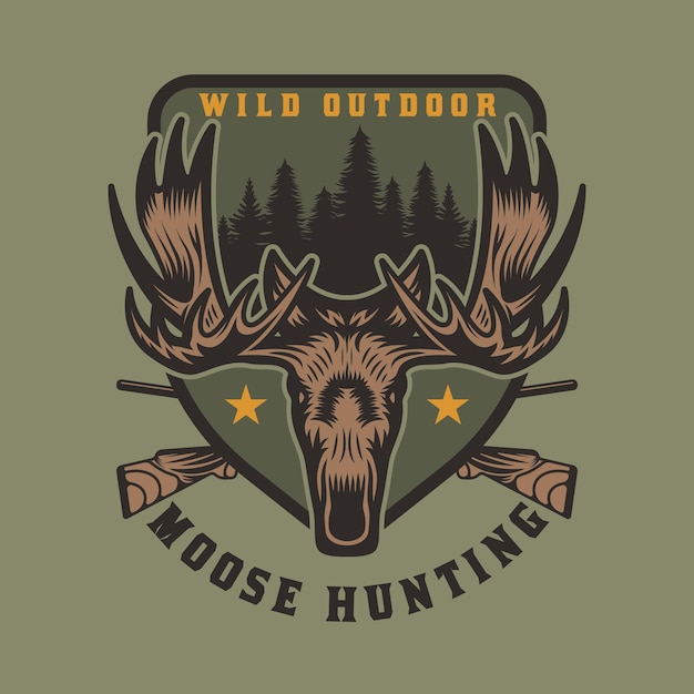 Vettore distintivo dell'emblema di caccia e avventura alci selvatici vintage