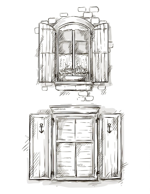 Вектор Винтажное окно, нарисованное вручную, набор векторных рисунков