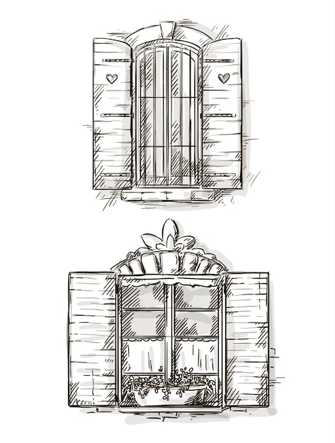 Vector vintage window hand drawn set of vector drawings