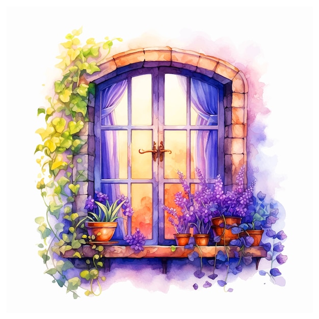 Vintage window surrounded by beautiful flowers watercolor paint