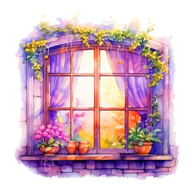 Винтажное окно, окруженное красивыми цветами, акварель.