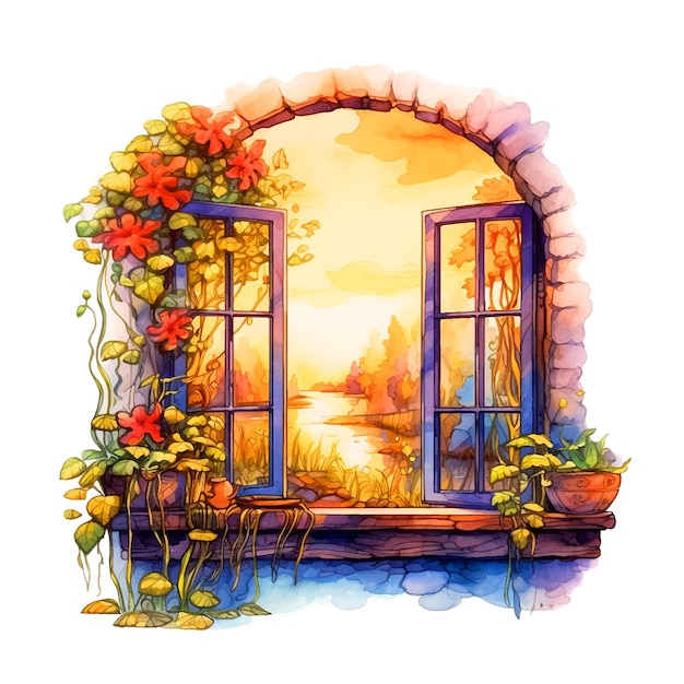 Vector vintage window surrounded by leaves and red flowers watercolor hand paint ilustration