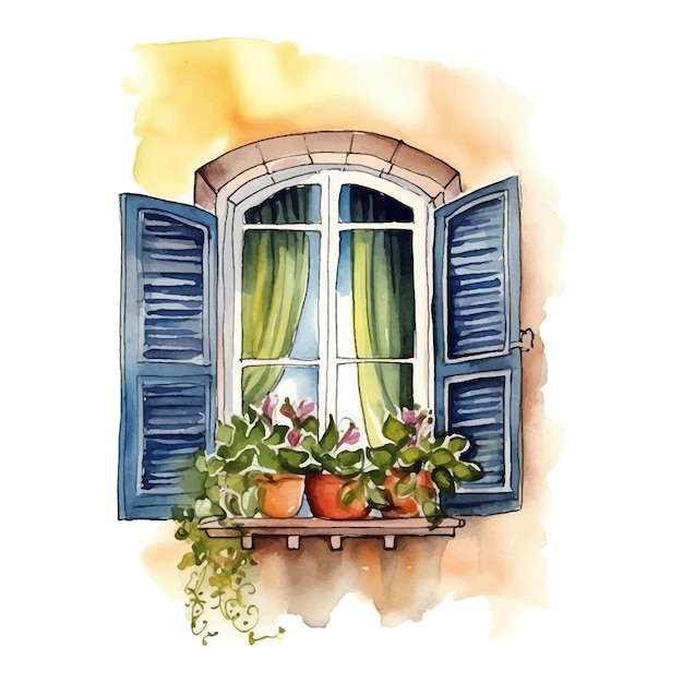 Vector vintage window with plant watercolor paint ilustration