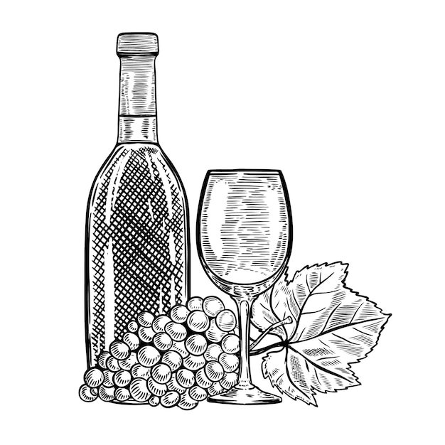 Vintage wine bottle with grapes and wine glass.  elements for menu, poster, card.  illustration