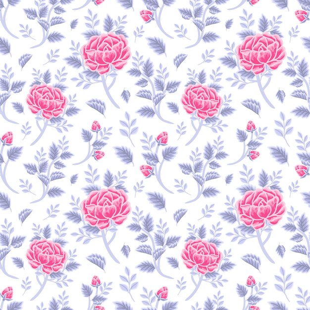 Vector vintage winter floral seamless pattern of violet pink rose bouquet, flower buds and leaf branch arrangements