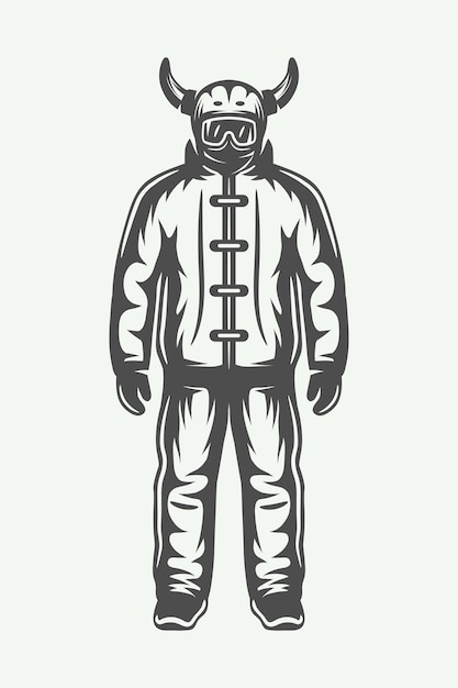 Vintage winter sportsman in ski suit. monochrome graphic art. vector illustration.