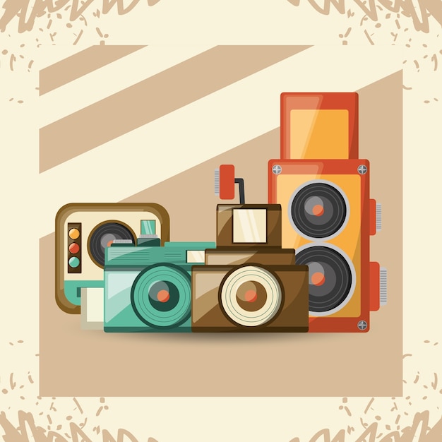 Vintage with retro cameras over colorful background