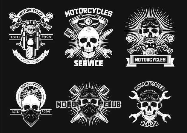 Vintage witte moto schedel logo's etiketten vector geïsoleerde illustratie