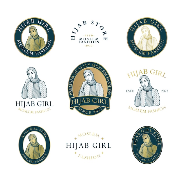 Vector vintage woman hijab moslem girl logo editable template