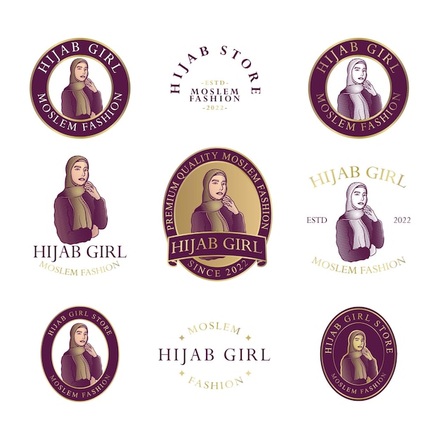 Vector vintage woman hijab moslem girl logo editable template