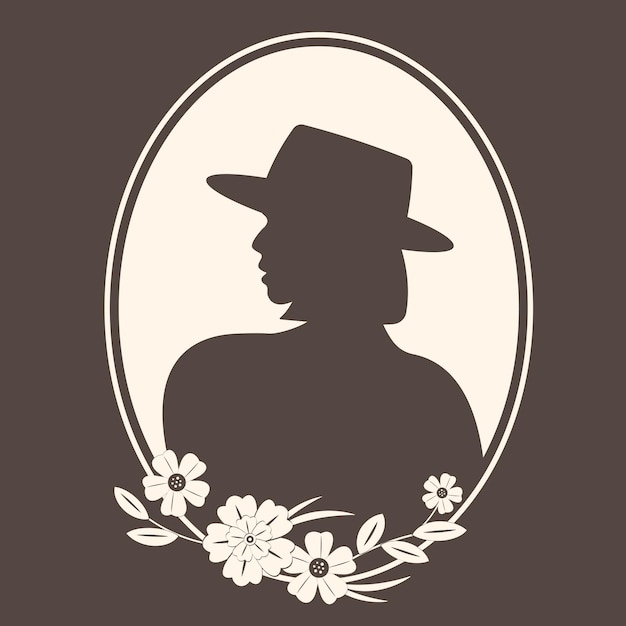 Vintage woman silhouette in hat with floral frame Vector illustration