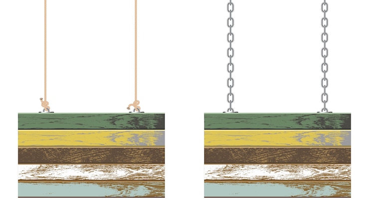 Vector vintage wooden boards hanging on chain and rope