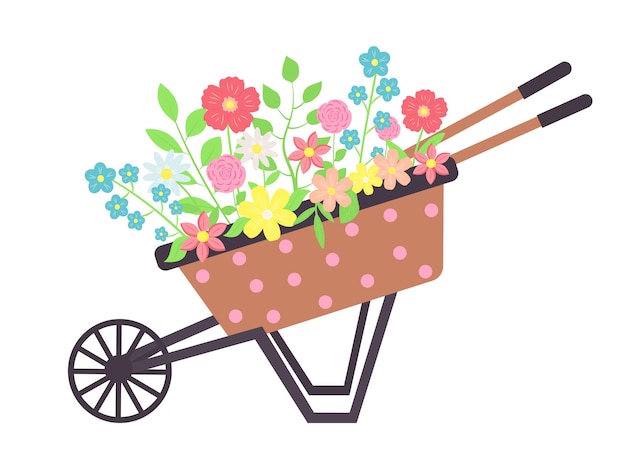 Vector vintage wooden polka dots cart with flowers cartoon wheelbarrow with gardening flowers